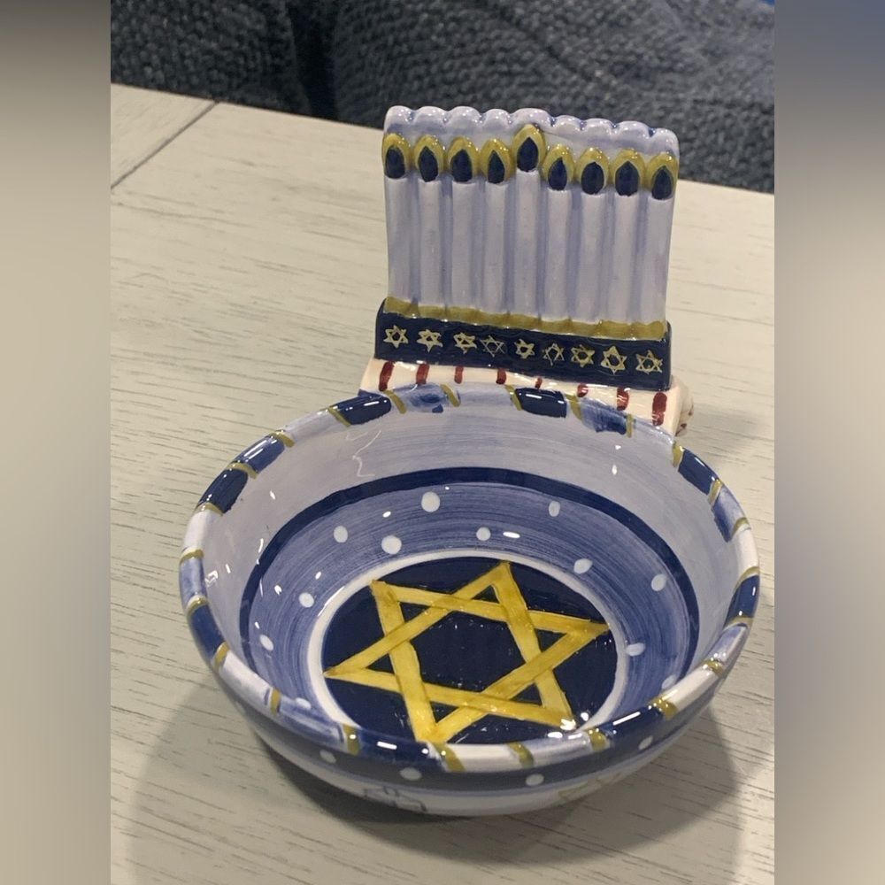 Blue and Yellow Ceramic Menorah Bowl